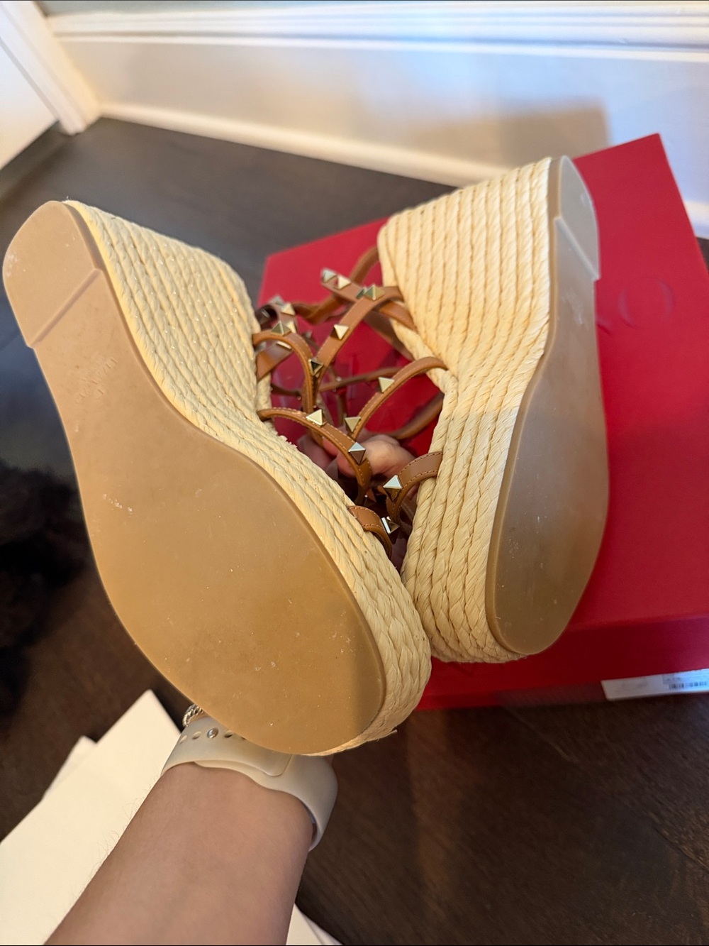 Valentino Garavani Rockstud Espadrille Wedge Sandals in Almond - Picture 7 of 10